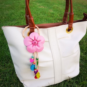 Pink Leather Flower, Leather Purse Charm, Keychain Leather Flowers