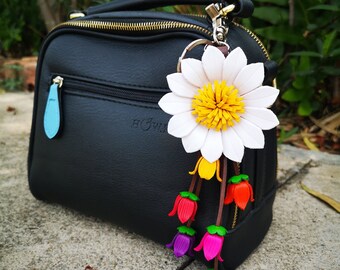 White Leather Flower, Leather Purse Charm, Keychain Leather Flowers #WT2020