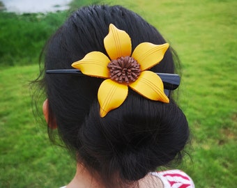Fleur en cuir jaune, fleurs en cuir Pince à cheveux en cuir Clip de peigne à fleurs en cuir &porte-chignon en jaune #0123