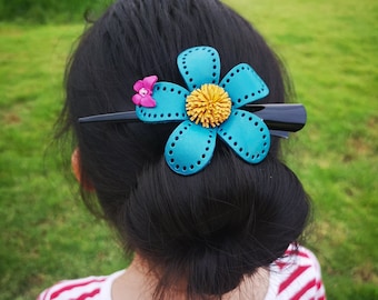 Fleur en cuir, Fleurs en cuir Pince à cheveux en cuir Clip de peigne à fleurs en cuir &porte-chignon en turquoise #0122