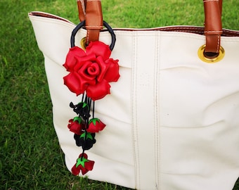 Red Leather Flower, Leather Purse Charm, Keychain Leather Rose Flowers #red