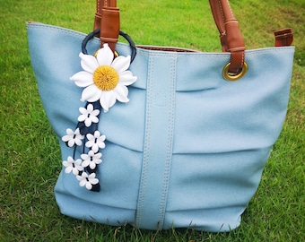 White Leather Flower, Leather Purse Charm, Keychain Leather Flowers