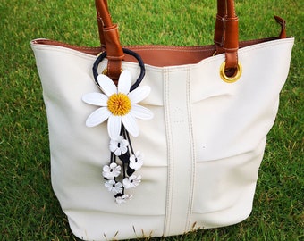 White Leather Flower, Leather Purse Charm, Keychain Leather Flowers #05006