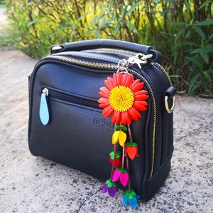 Orange Leather Flower, Leather Purse Charm, Keychain Leather Flowers #O2020