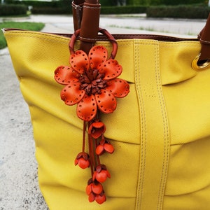 Orange Leather Flower, Leather Purse Charm, Keychain Leather Flowers