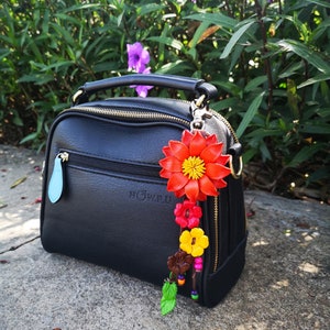 Orange Leather Flower, Leather Purse Charm, Keychain Leather Flowers #W2020