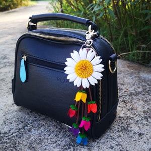 White Leather Flower, Leather Purse Charm, Keychain Leather Flowers #W2020