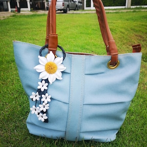 White Leather Flower, Leather Purse Charm, Keychain Leather Flowers