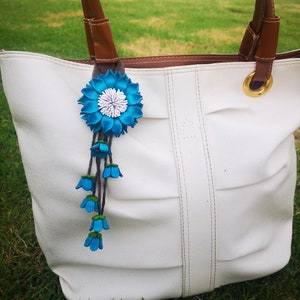 Blue Leather Flower, Leather Purse Charm, Keychain Leather Flowers