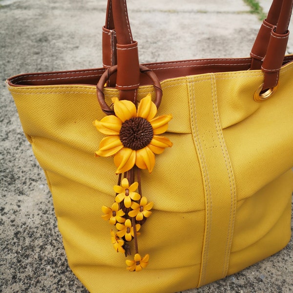 Yellow Leather Flower, Leather Purse Charm, Keychain Leather Flowers