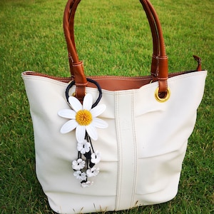 White Leather Flower, Leather Purse Charm, Keychain Leather Flowers #05006