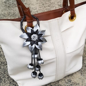 Silver Leather Flower, Leather Purse Charm, Keychain Leather Flowers