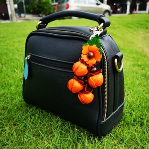 Orange Leather Flower, Leather Purse Charm, Keychain Leather Flowers #P202110