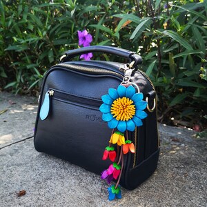Blue Leather Flower, Leather Purse Charm, Keychain Leather Flowers #W2020