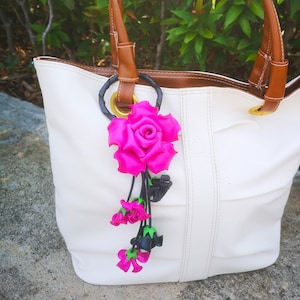 Pink Leather Flower, Leather purse charm, Keychain leather rose flowers #2