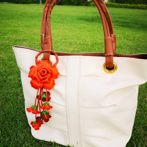 Orange Leather Flower, Leather purse charm, Keychain leather rose flowers #orange