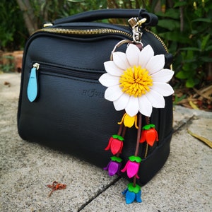 White Leather Flower, Leather Purse Charm, Keychain Leather Flowers #WT2020
