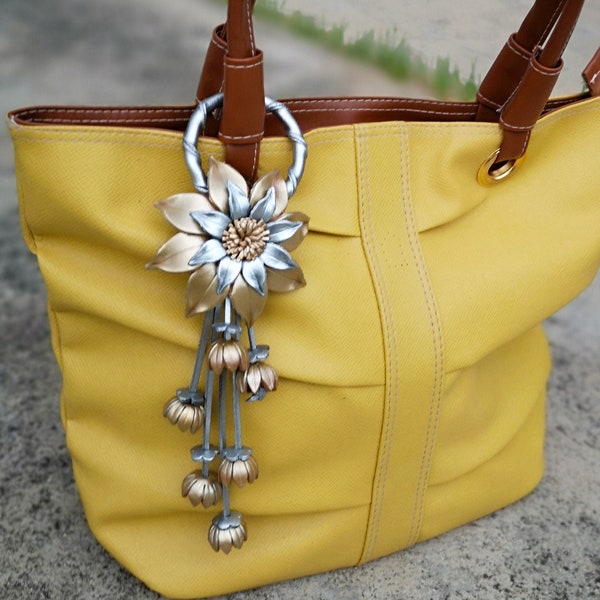 Gold&Silver Leather Flower, Leather Purse Charm, Keychain Leather Flowers