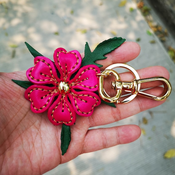 Dark Pink Leather Flower, Leather Purse Charm, Keychain Leather