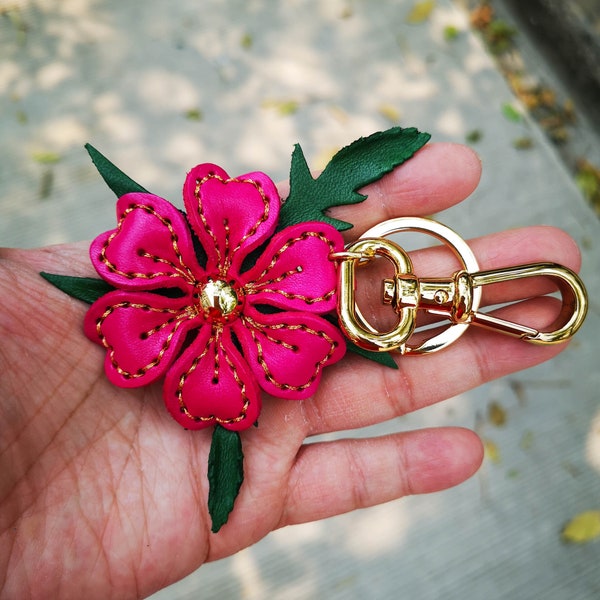 Dark Pink Leather Flower, Leather Purse Charm, Keychain Leather Flowers