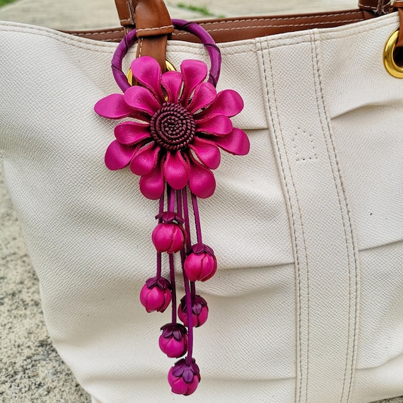 Leather Flower Bag Charm Keychain - Pink Multi