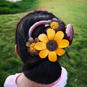 Yellow Leather Flower, Leather flowers Leather Hair clip Leather flower comb clip & bun holder in Yellow #001