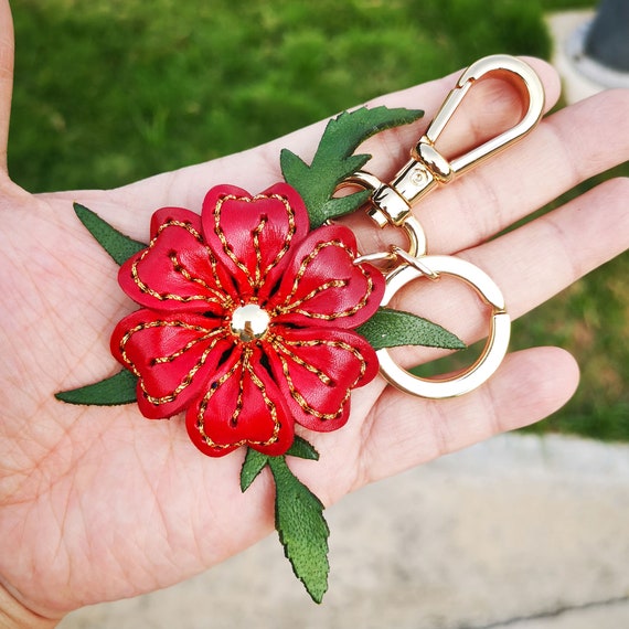 Red Leather Flower Leather Purse Charm Keychain Leather 