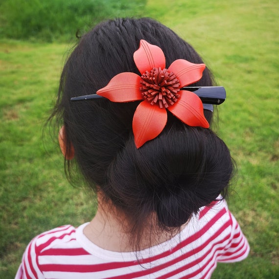 Orange Leather Flower, Leather Flowers Leather Hair Clip  display picture 1