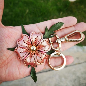 Pink Gold Leather Flower, Leather Purse Charm, Keychain Leather Flowers