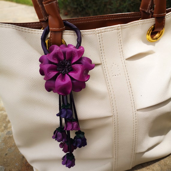 Purple Leather Flower Leather Purse Charm Keychain Leather 