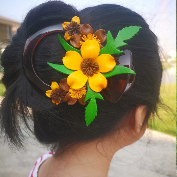 Yellow Leather Flower, Leather Flowers Leather Hair Clip  display picture 3