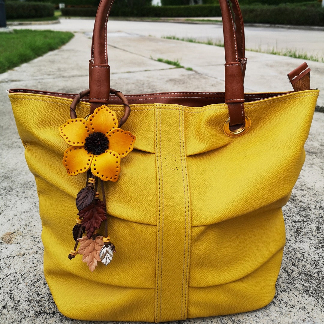 Yellow Leather Flower, Leather purse charm, Keychain leather flowers ...