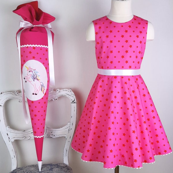 Schulkleid & Schultüte handgefertigt,Einschulungskleid,Kleid  Mädchen,Tüte,Schultüte für Mädchen,Schultüte personalisiert rosa pink,kissen