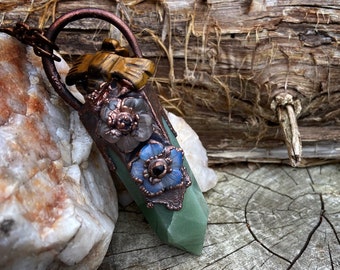 Copper Electroformed Aventurine Point Pendant with Tigers Eye Dragonfly and Rose Quartz and Opalite Flowers Necklace