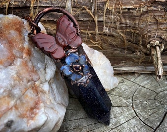 Copper Electroformed Blue Goldstone Point Pendant with Red Jasper Butterfly and Opalite Flower Necklace