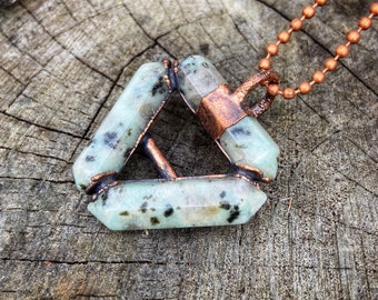 Copper Electroformed Kiwi Jasper Earth Element Symbol Pendant Necklace