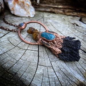 Copper Electroformed Black Kyanite Pendant with Tigers Eye Cat, Blue Apatite and Labradorite Necklace