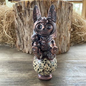 Copper Skeleton Egyptian Anubis Figure on Dalmatian Jasper Sphere with Kunzite Statue