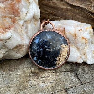Copper and Petrified Wood Full Moon Pendant Necklace