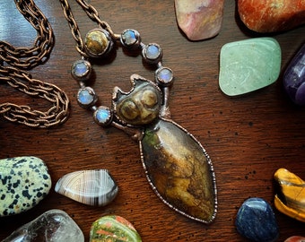 Copper Electroformed Jade Cat Pendant with Rainbow Moonstones and Picture Jasper Necklace