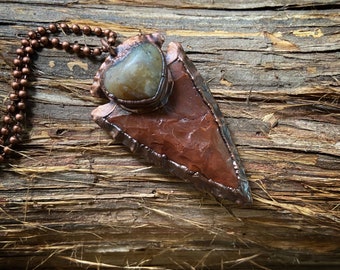 Copper Electroformed Jasper Arrowhead Pendant with Moss Agate Heart Necklace