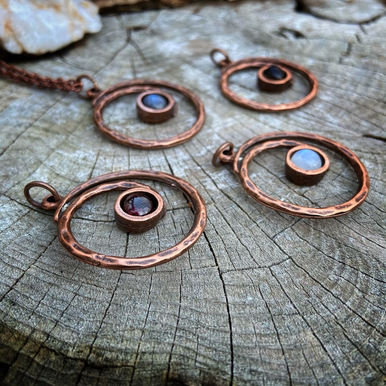 Copper Spiral Pendant with Choice of Labradorite Amethyst Smoky Quartz or Garnet Necklace