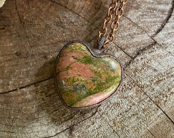 Copper and Unakite Heart Pendant Necklace