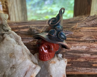 Copper and Red Jasper Skull Witch Pendant with Labradorite