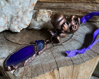 Copper Halloween Smurf with Pumpkin and Purple Agate Sun Catcher Ornament