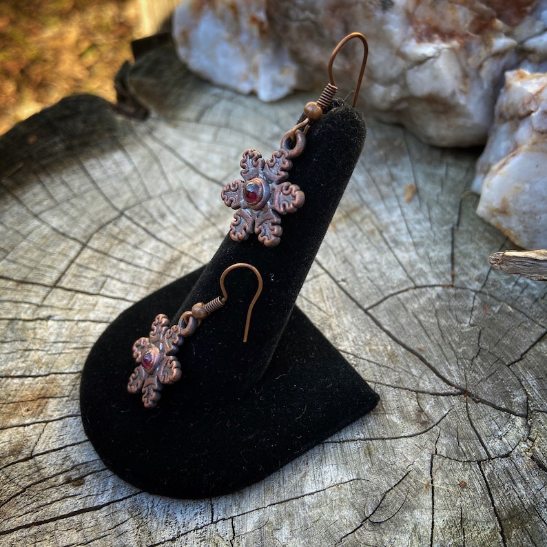 Copper Electroformed Snowflake Earrings with Garnets