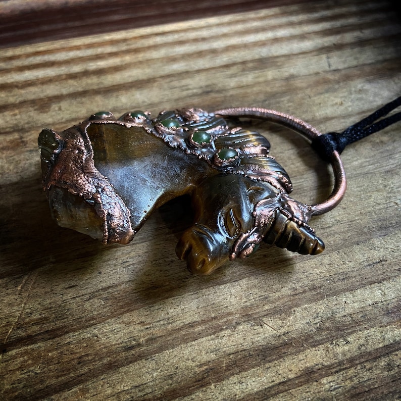 Copper Electroformed Tigers Eye and Jade Unicorn with Citrine Horse Necklace