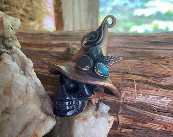 Copper and Blue Goldstone Skull Witch Pendant with Labradorite on Hat Necklace