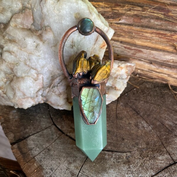 Copper Electroformed Aventurine Point Necklace with Tigers Eye Bat