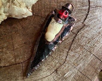 Copper and Obsidian Arrowhead Baron Samedi Pendant with Alligator Tooth Voodoo Skull Necklace